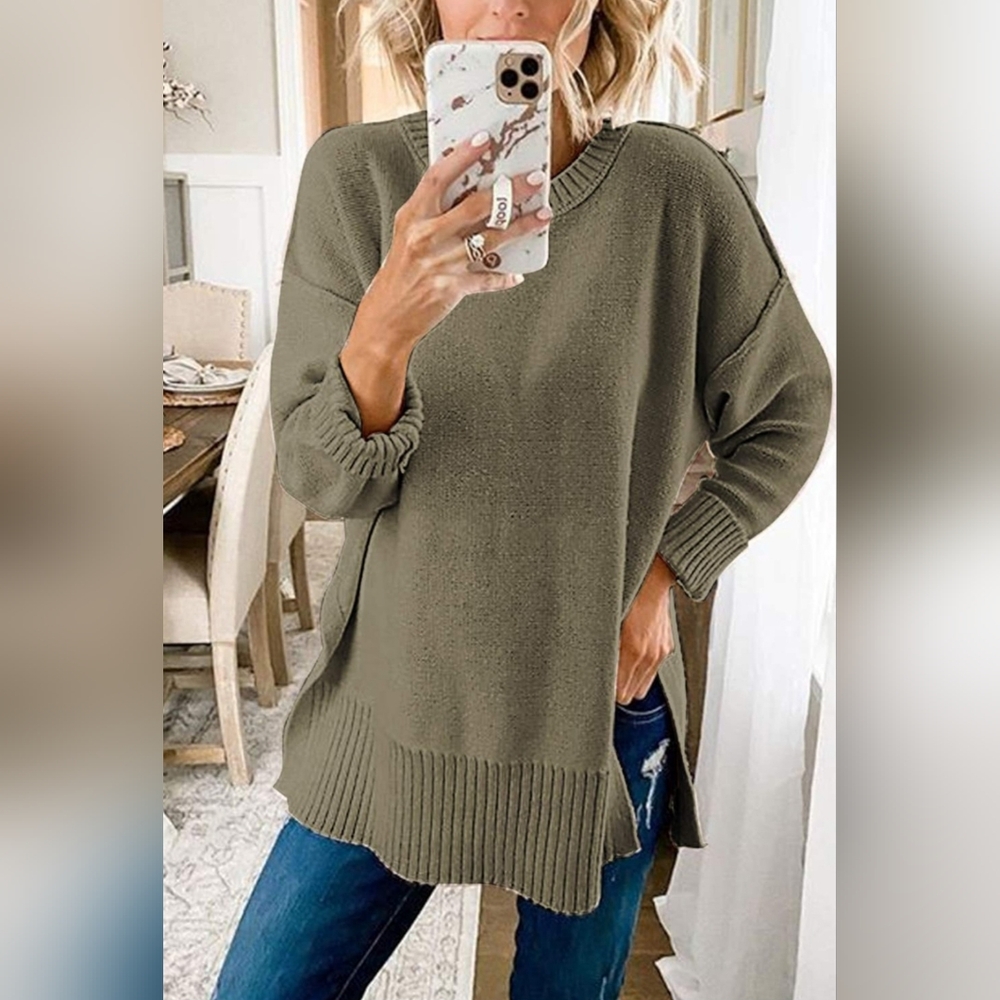 MEROKEETY Women's Green Casual Crew Neck Side Split Pullover Sweater Size L NWT